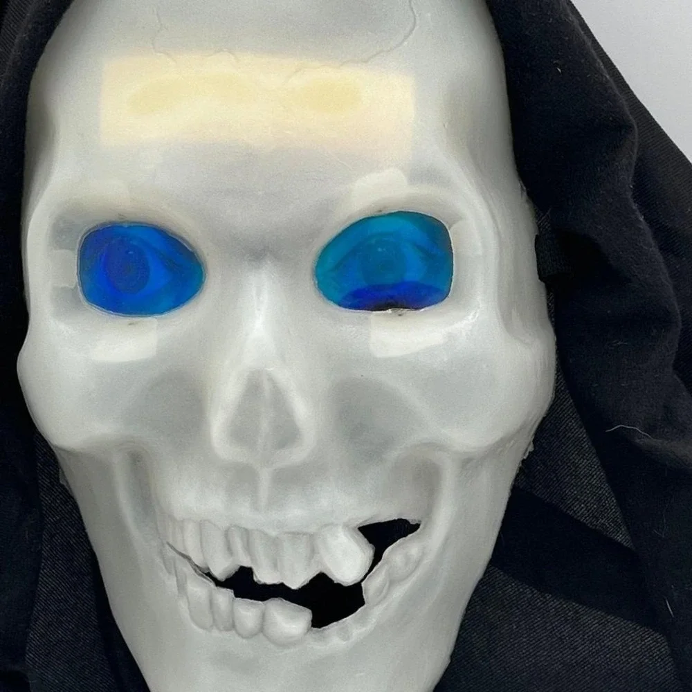 Vintage Light-Up Skull Mask with Blue Eyes & Black Hood – Halloween Costume Prop